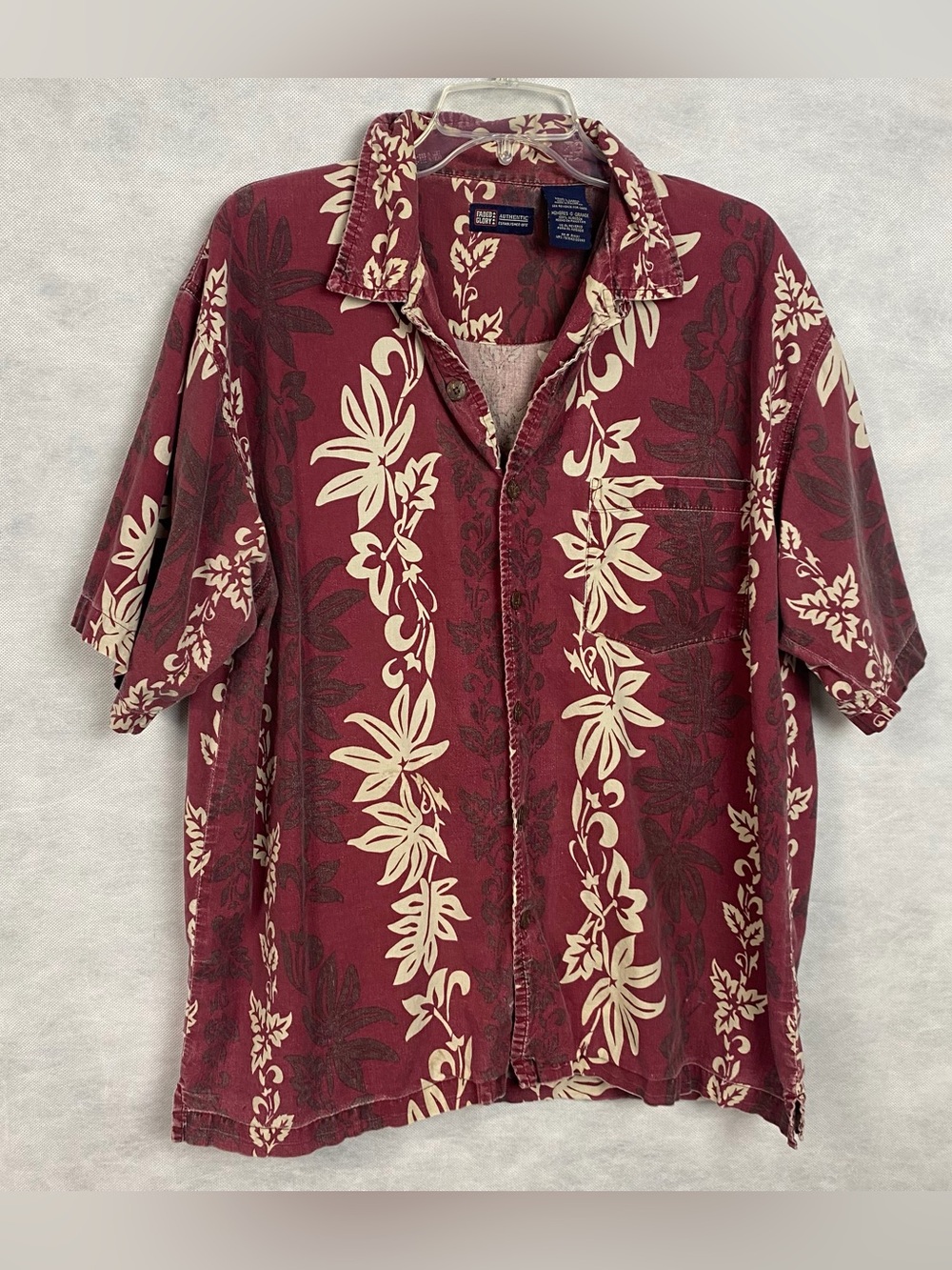 Vtg 90s Faded Glory Hawaiian Shirt Mens Large Burgundy White Button Up Flaw